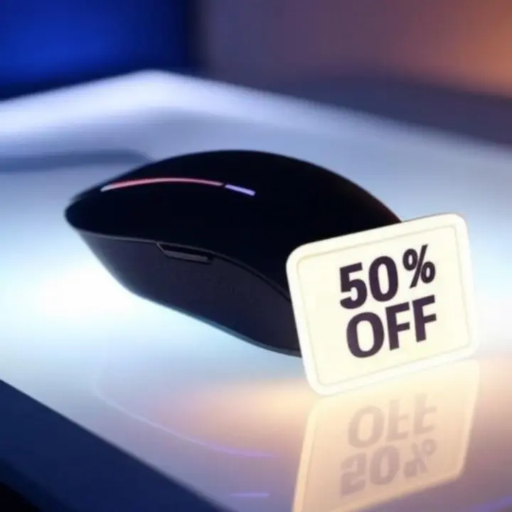 Akciós gaming egér neonfényű környezetben, kategória szerinti ajánlatként.