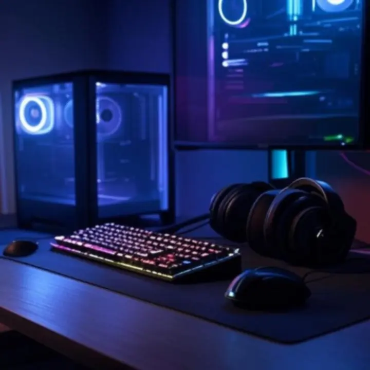 Modern RGB világítású gaming setup monitorral, billentyűzettel és egérrel